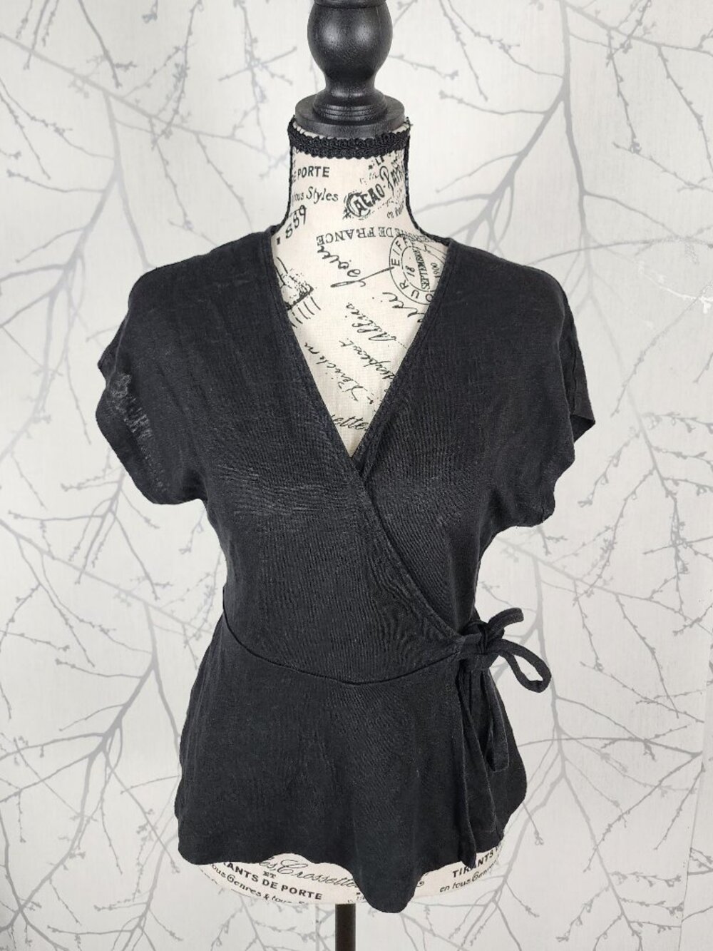 Banana Republic Black 100% Linen Wrap Top